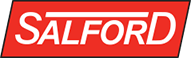 A red geometric shape, with the word Salford contained within its center.