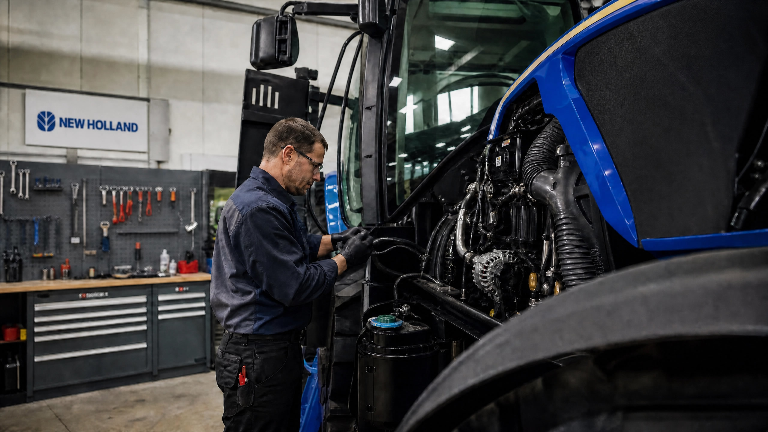Technician servicing agricultural equipment